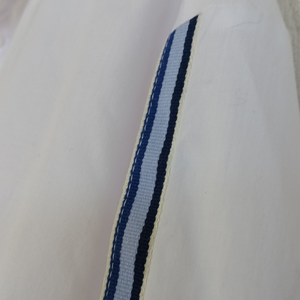 Zara White Button-Up Shirt Navy Stripe Sleeve Detail Oversized Billowy Beach - Picture 7 of 13